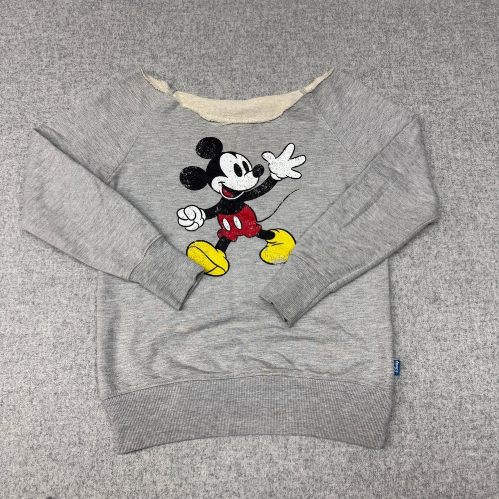 Disney Mickey Mouse Sweatshirt Size 158 Gray Graphic Raw Edge Neck Raglan Sleeve